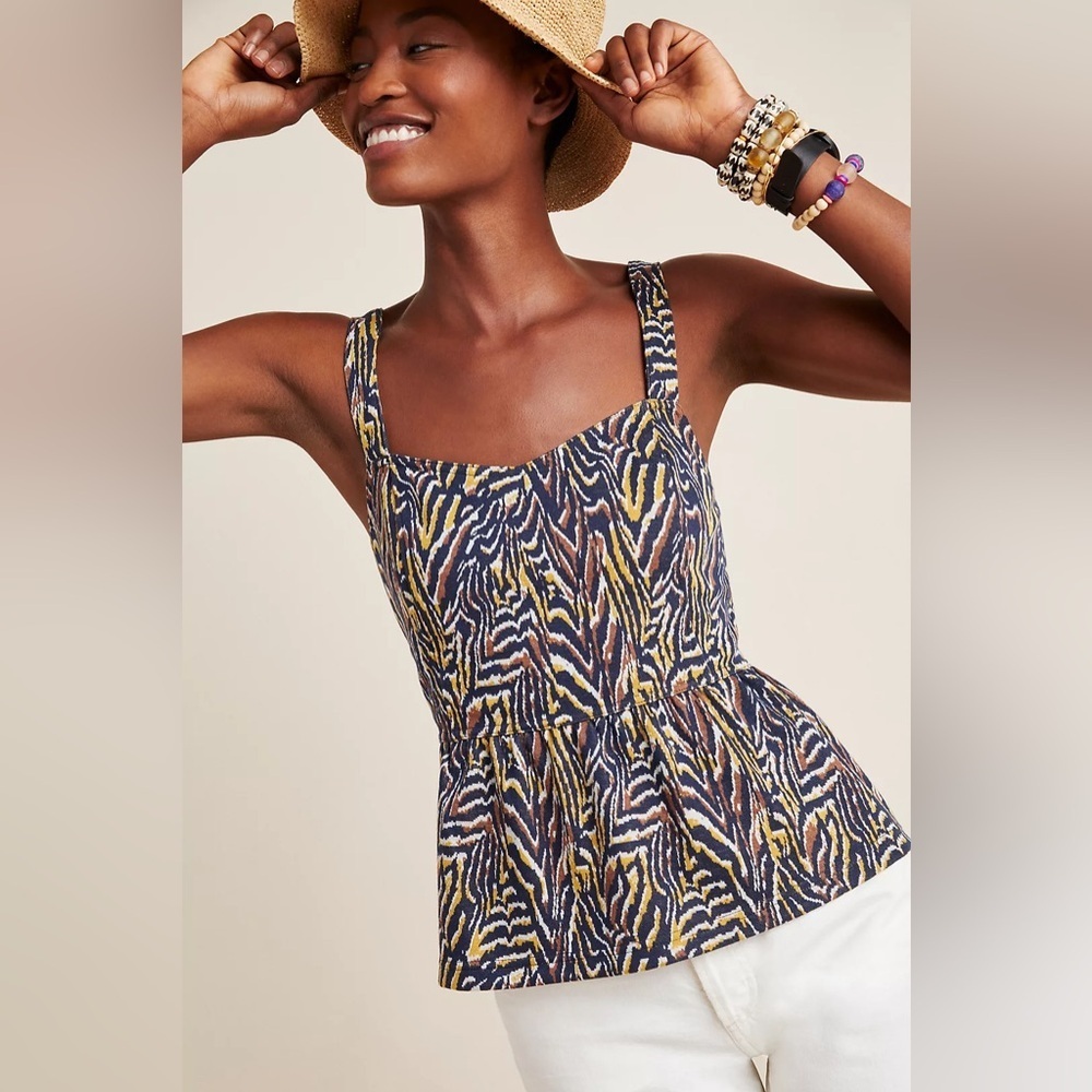Anthropologie Jaime Zebra Peplum Tank size small navy brown yellow white